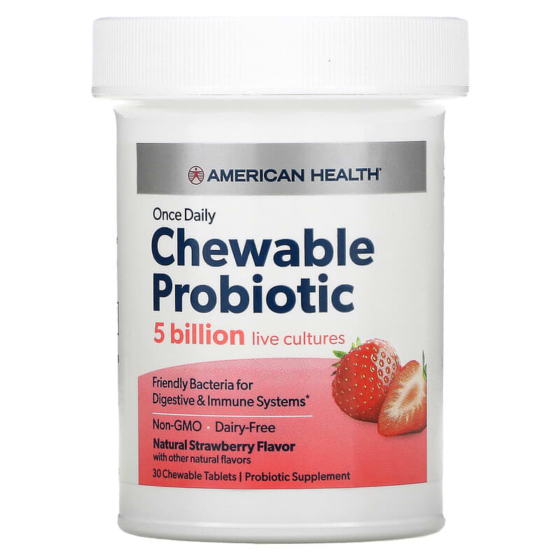 American Health, Once Daily Chewable Probiotic, Natural Strawberry, 5 Billion CFU, 30 Chewable Tablets 76630300551