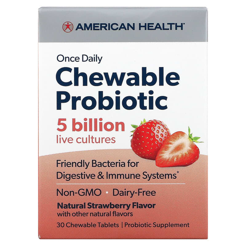 American Health Once Daily Chewable Probiotic Natural Strawberry 5 Billion CFU 30 Chewable Tablets 76630300551