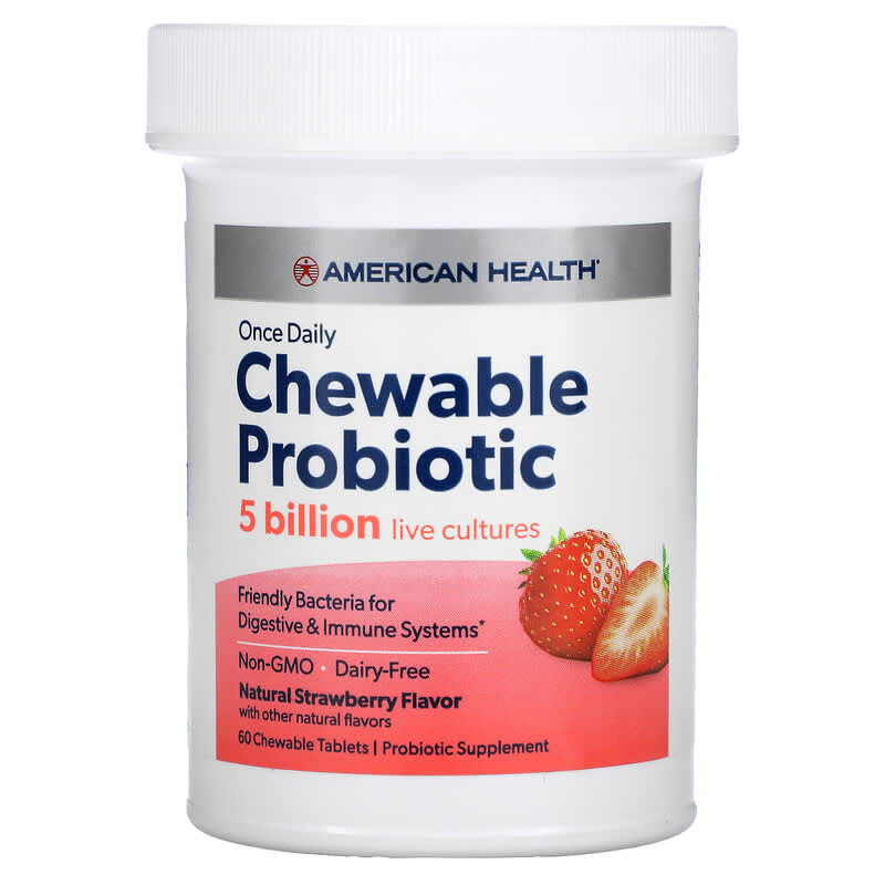 American Health, Once Daily Chewable Probiotic, Natural Strawberry, 5 Billion CFU, 60 Chewable Tablets 76630300797