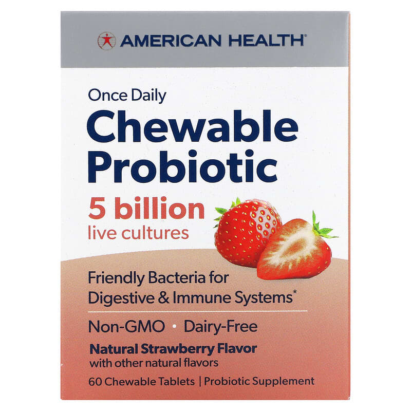 American Health Once Daily Chewable Probiotic Natural Strawberry 5 Billion CFU 60 Chewable Tablets 76630300797