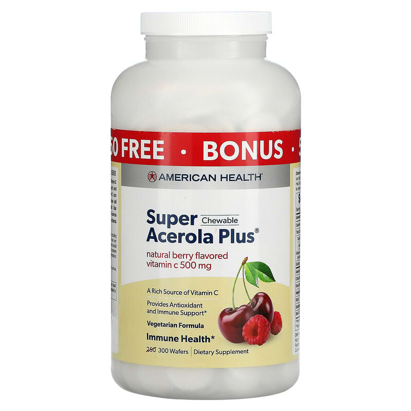 American Health Super Chewable Acerola Plus Natural Berry 500 mg 300 Wafers 76630111041