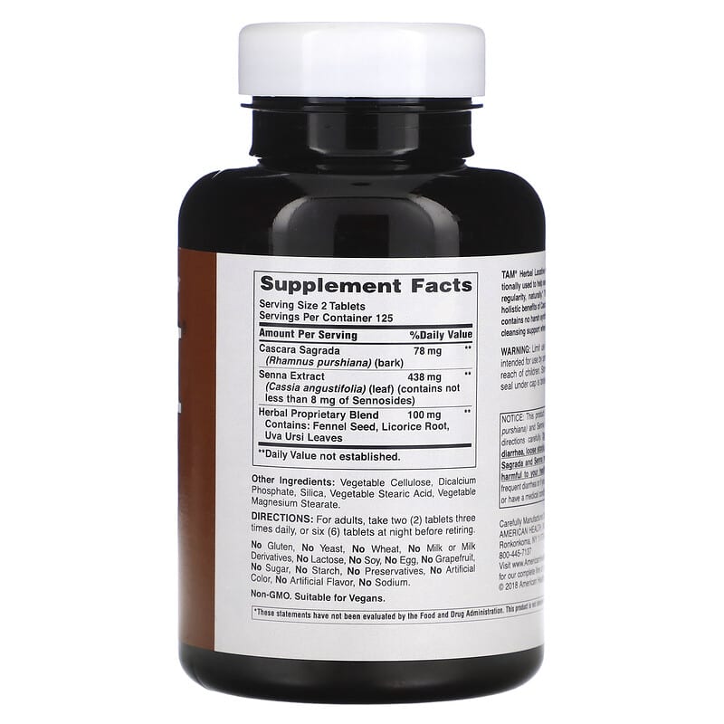 American Health, TAM, Herbal Laxative, 250 Tablets 76630021838