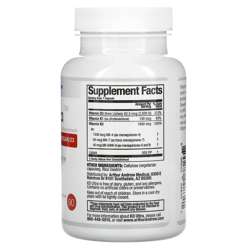 Arthur Andrew Medical, KD Ultra, Full Spectrum K2 with Vegan D3, 90 Capsules 855822008341