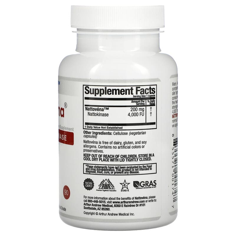 Arthur Andrew Medical, Nattovena, Pure Nattokinase, 200 mg, 90 Capsules 855571001747