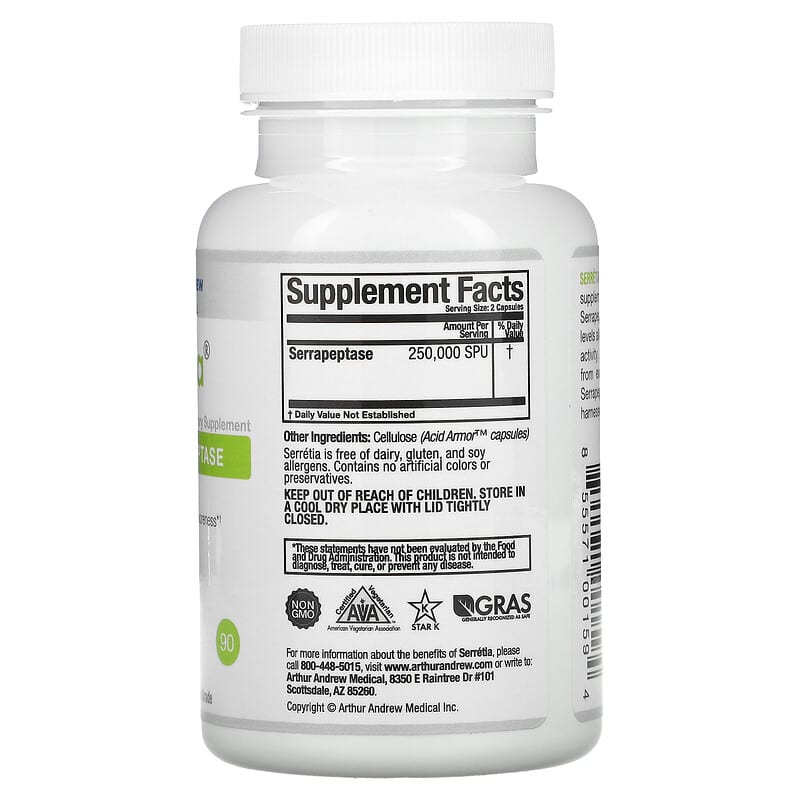 Arthur Andrew Medical, Serretia, Pure Serrapeptase, 125,000 SPU, 90 Capsules 855571001594