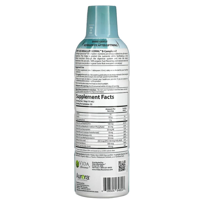 Aurora Nutrascience, Mega-Liposomal B-Complex+, Organic Fruit, 16 fl oz (480 ml) 628504648247