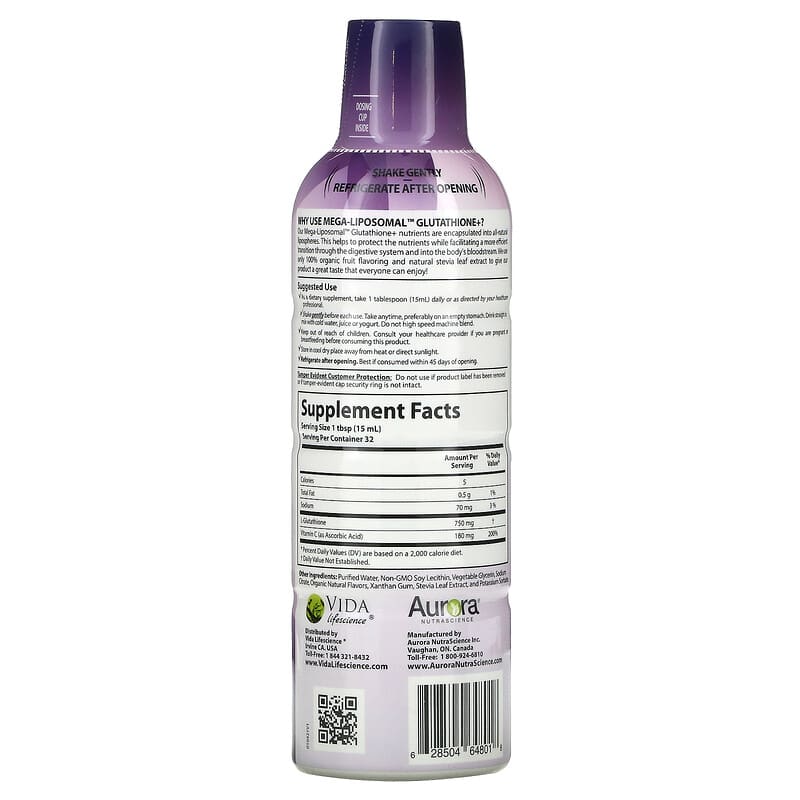 Aurora Nutrascience, Mega-Liposomal Glutathione+, Plus Vitamin C, Organic Fruit, 750 mg, 16 fl oz (480 ml) 628504648018