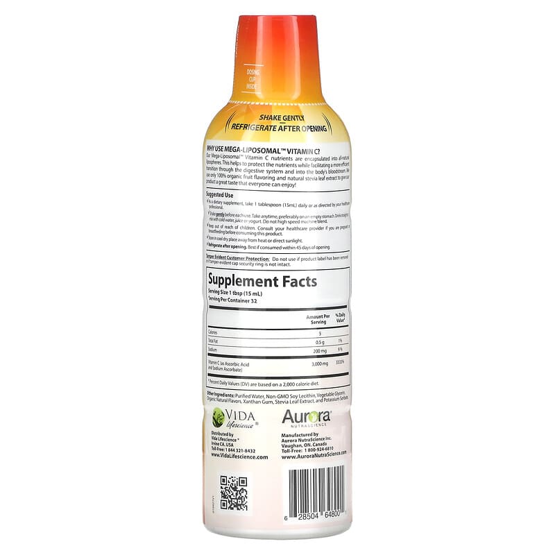 Aurora Nutrascience, Mega-Liposomal Vitamin C, Organic Fruit, 3,000 mg, 16 fl oz (480 ml) 628504648001