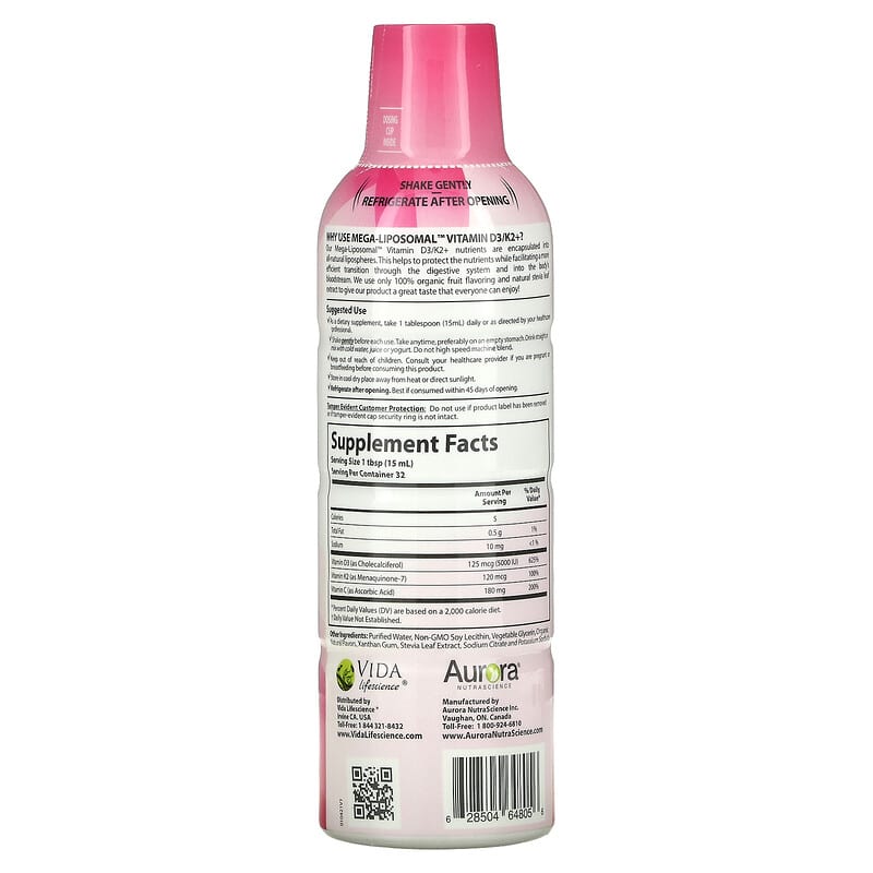 Aurora Nutrascience, Mega-Liposomal Vitamin D3/K2+, Organic Fruit, 16 fl oz (480 ml) 628504648056