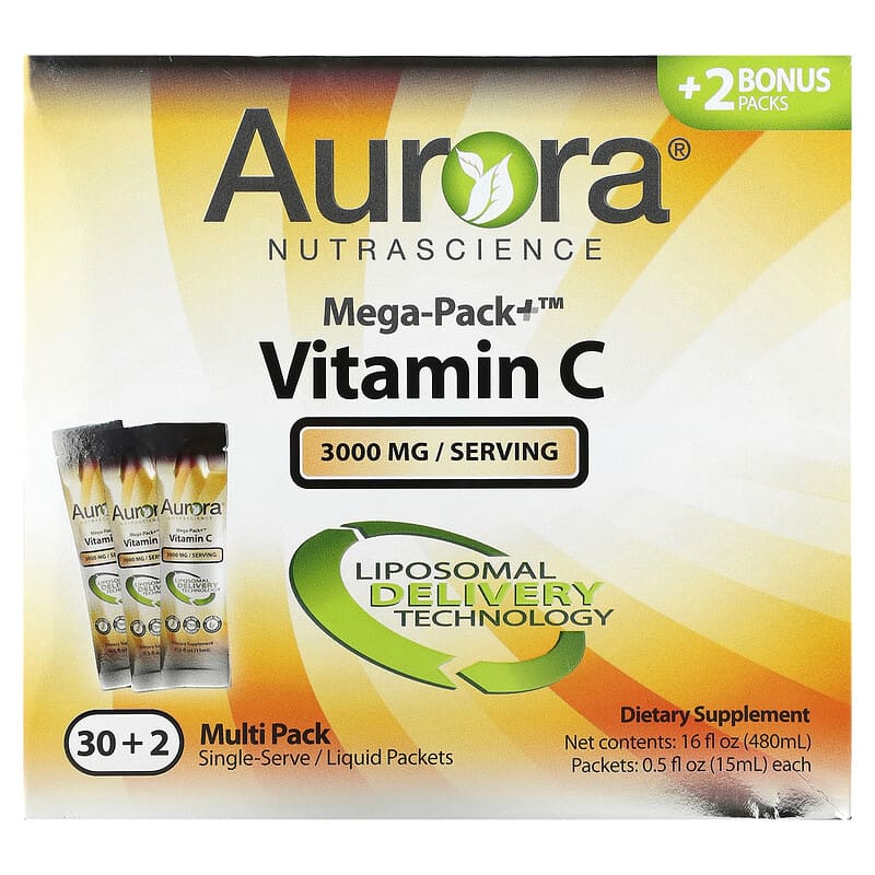 Aurora Nutrascience Mega-Pack+ Vitamin C 3,000 mg 32 Packs 0.5 fl oz (15 ml) Each 628504648179