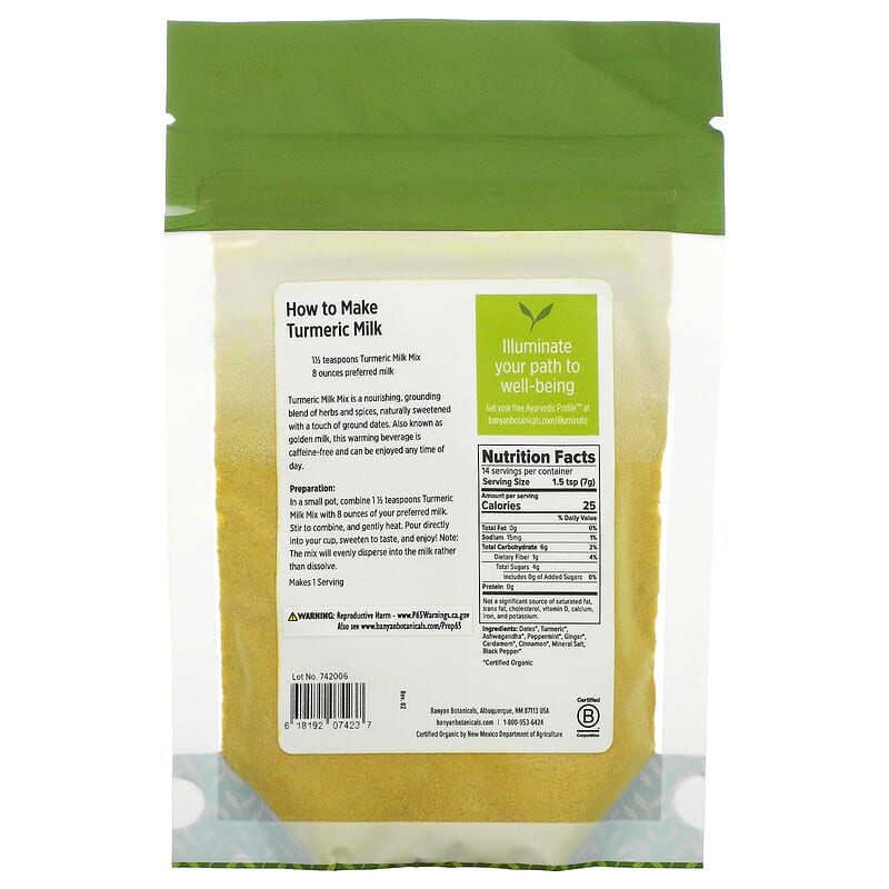 Banyan Botanicals, Turmeric Milk Mix, 3.5 oz (99 g) 618192074237