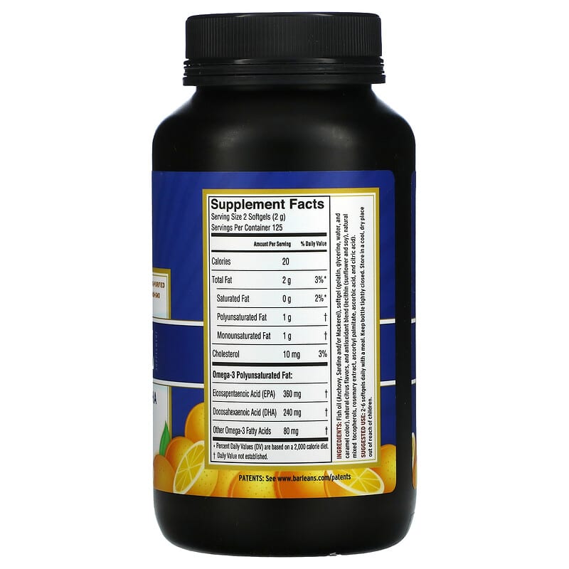 Barlean's, Fresh Catch, Fish Oil Supplement, Omega-3 EPA/DHA, Orange, 250 Softgels 705875610087