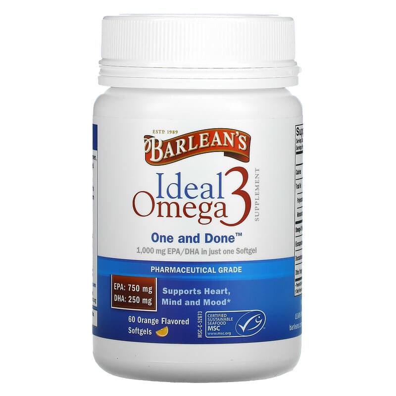 Barlean's, Ideal Omega 3, Orange , 1,000 mg EPA/DHA, 60 Softgels 705875610193
