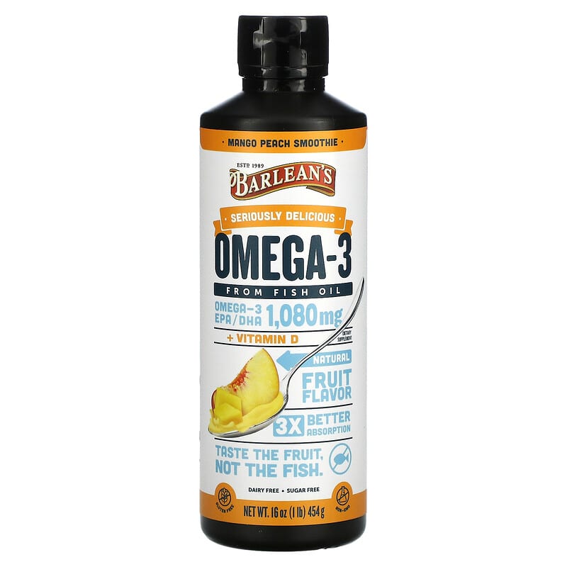 Barlean's Omega-3 from Fish Oil Mango Peach Smoothie 1,080 mg 16 oz (454 g) 705875600101