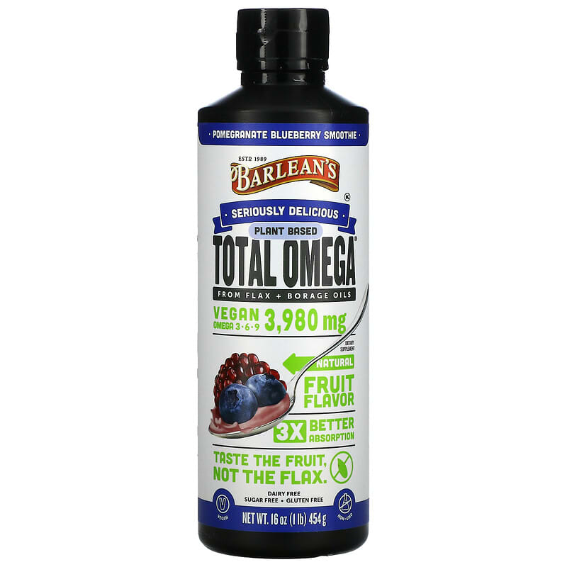 Barlean's Plant Based Total Omega 3 · 6 · 9 Pomegranate Blueberry Smoothie 3,980 mg 16 oz (454 g) 705875002776