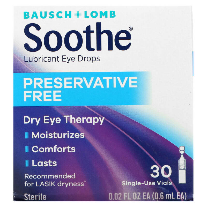 Bausch + Lomb Soothe Lubricant Eye Drops Preservative Free 30 Single-Use Vials 0.02 fl oz (0.6 ml) Each 310119022191