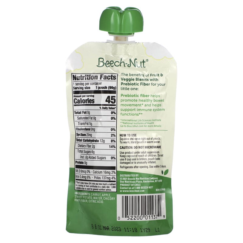 Beech-Nut, Fruit & Veggie Blends with Prebiotic Fiber, 12+ Months, Carrot, Apple & Sweet Potato, 3.5 oz (99 g) 52200011379