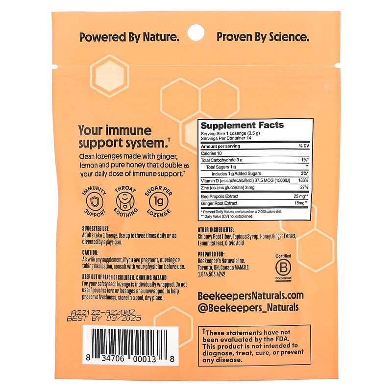 Beekeeper's Naturals, B.Soothed, Ginger Lemon Lozenges, 14 Lozenges 834706000138