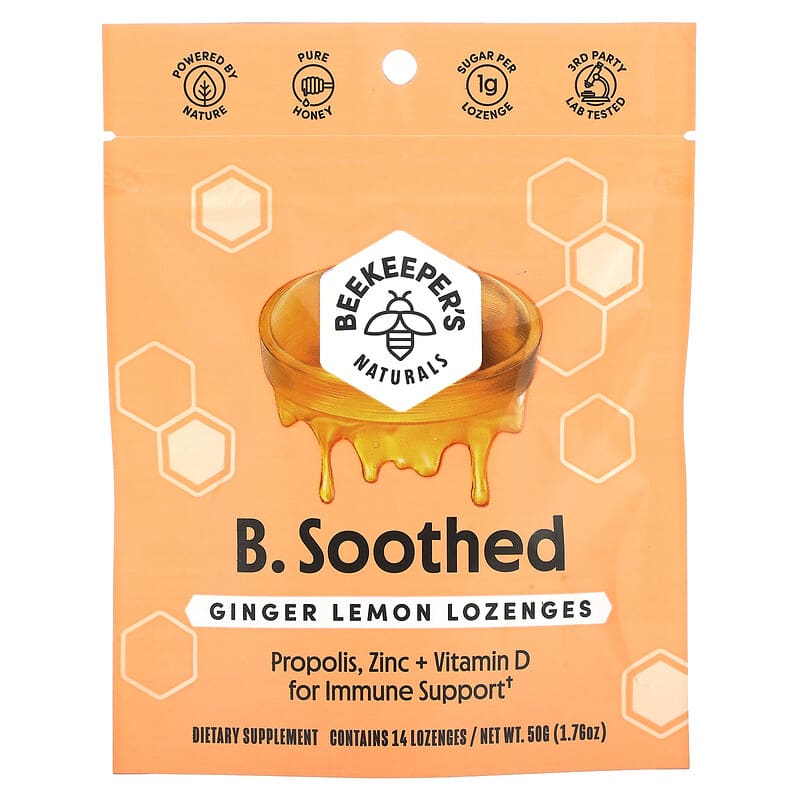 Beekeeper's Naturals B.Soothed Ginger Lemon Lozenges 14 Lozenges 834706000138
