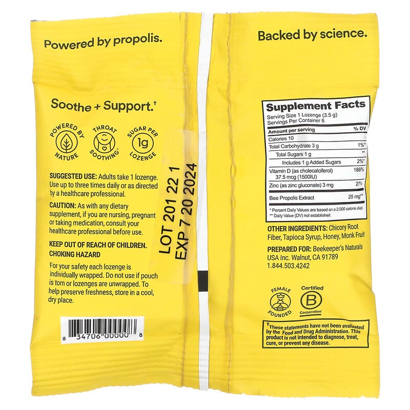 Beekeeper's Naturals, Propolis Soothing Lozenges, Honey, 6 Lozenges, 0.74 oz (21 g) 834706000008