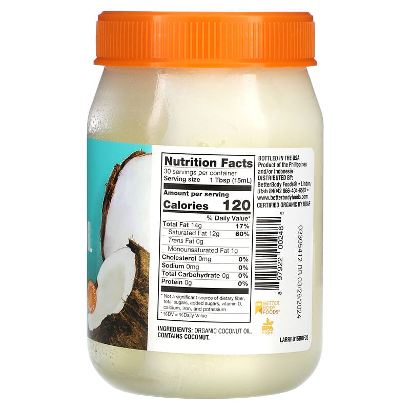 BetterBody Foods, Naturally Refined Organic Coconut Oil, 15.5 fl oz (458 ml) 897922002485