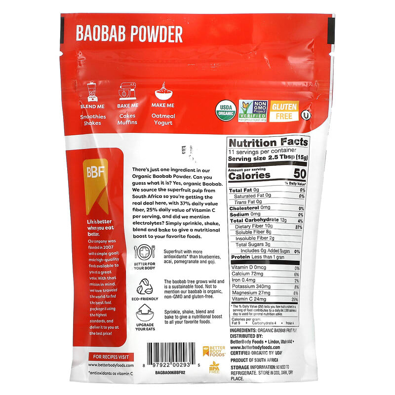BetterBody Foods, Organic Baobab Powder, 6 oz (170 g) 897922002935