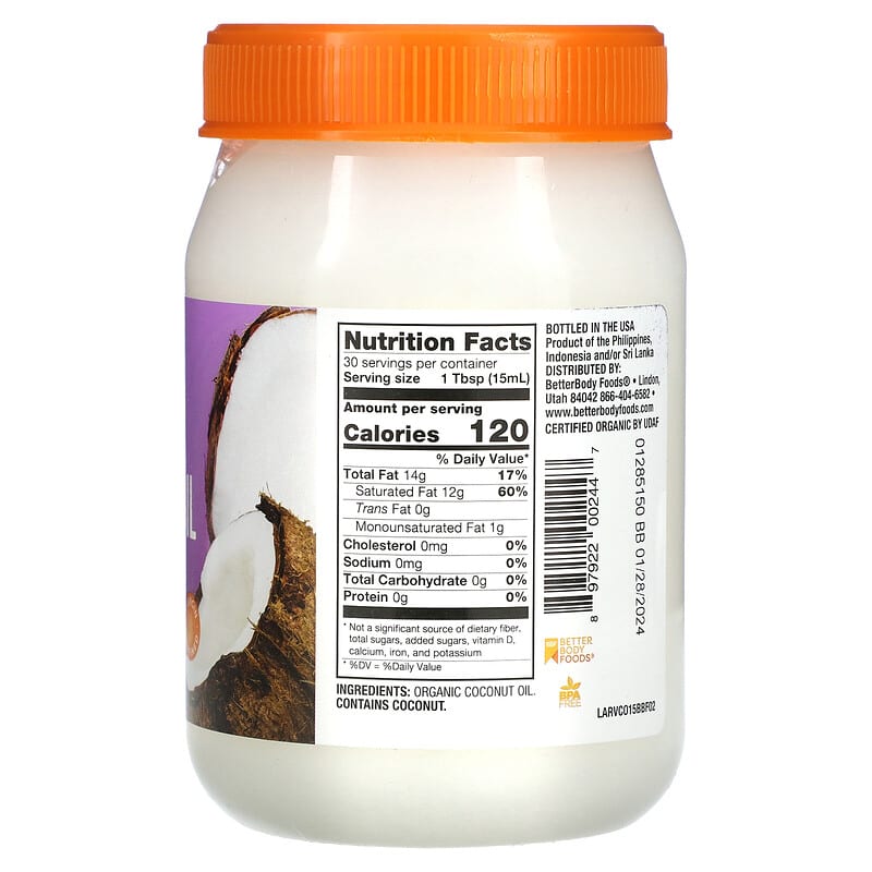 BetterBody Foods, Virgin Organic Coconut Oil, 15.5 fl oz (458 ml) 897922002447