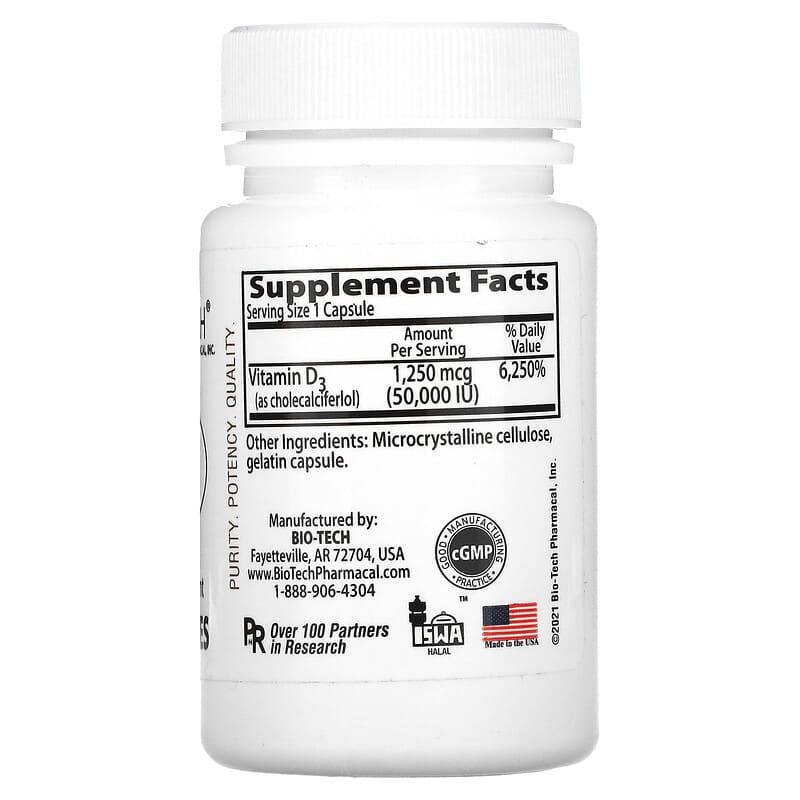 Bio Tech Pharmacal, Inc, D3-50, Cholecalciferol, 100 Capsules 705105101101