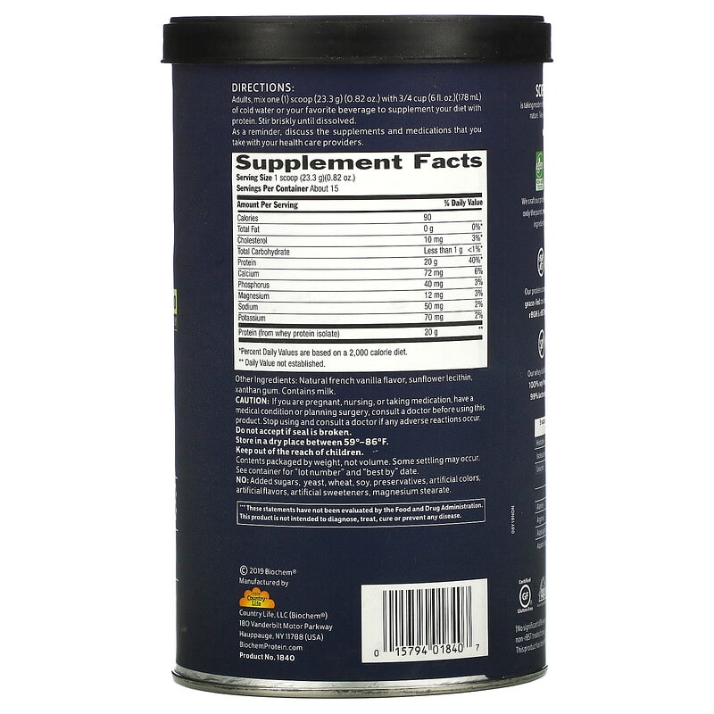 Biochem, 100% Whey Isolate Protein, Natural, 12.3 oz (350 g) 15794018407