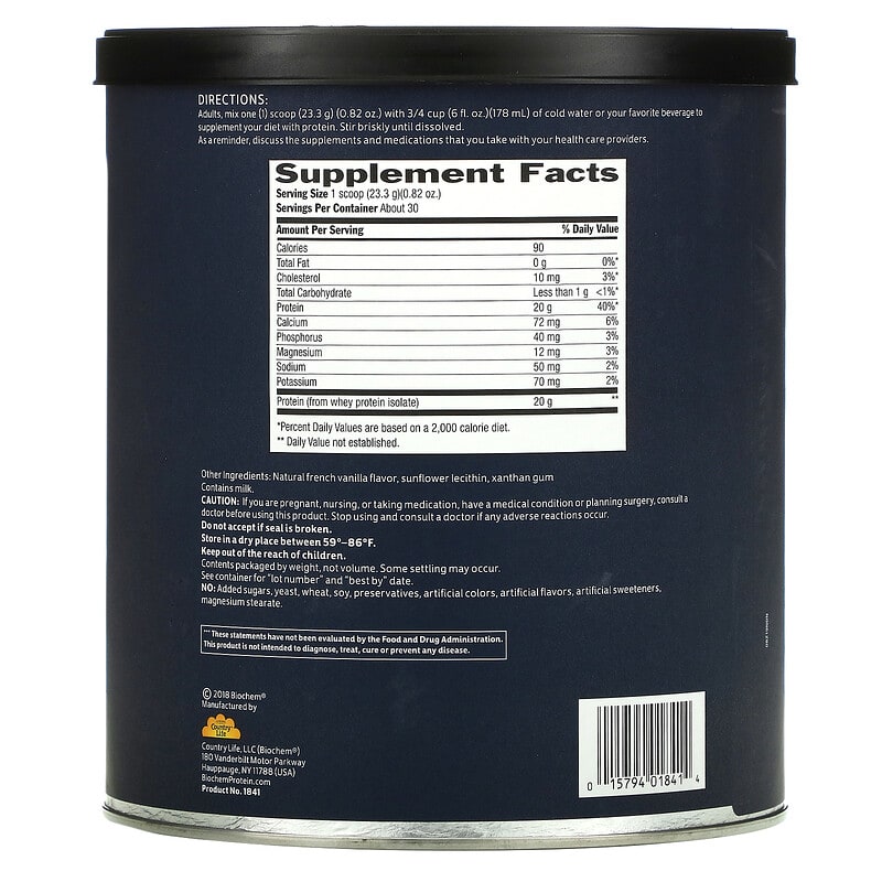 Biochem, 100% Whey Isolate Protein, Natural, 24.6 oz (699 g) 15794018414