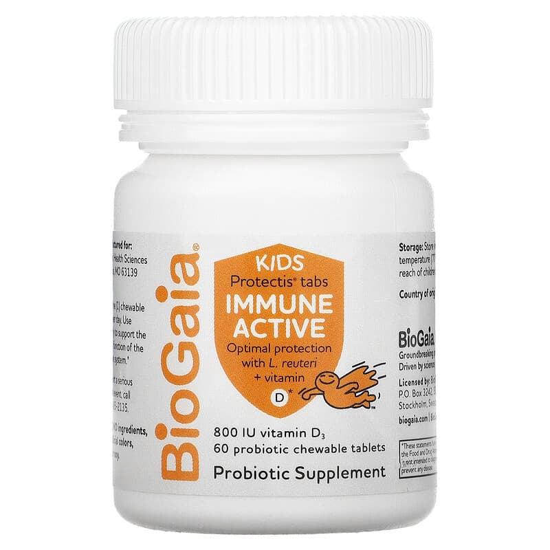 BioGaia, Kids, Immune Active with L. Reuteri + Vitamin D, Orange, 60 Probiotic Chewable Tablets 602359460407