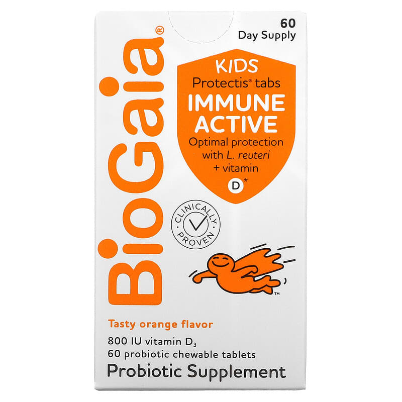 BioGaia Kids Immune Active with L. Reuteri + Vitamin D Orange 60 Probiotic Chewable Tablets 602359460407
