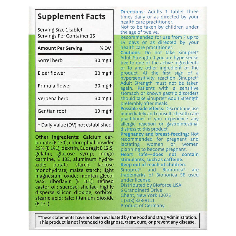 Bionorica, Sinupret, Sinus + Immune Support, Adult Strength, 25 Tablets 897618000245