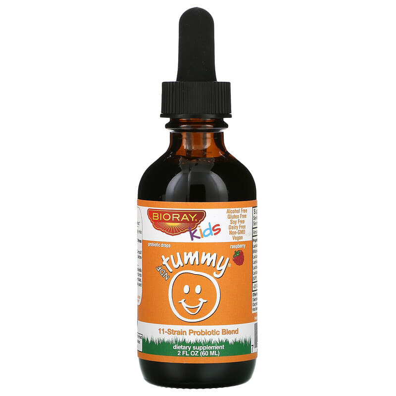 Bioray Inc., Kids, NDF Tummy, 11-Strain Probiotic Blend, Raspberry Flavor, 2 fl oz (60 ml) 736211465955