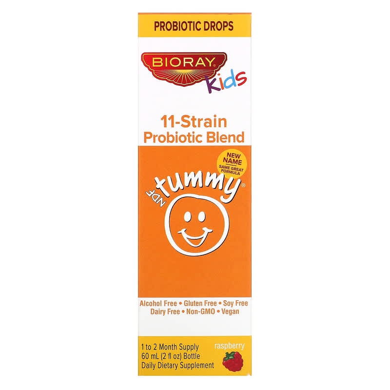 Bioray Inc. Kids NDF Tummy 11-Strain Probiotic Blend Raspberry Flavor 2 fl oz (60 ml) 736211465955