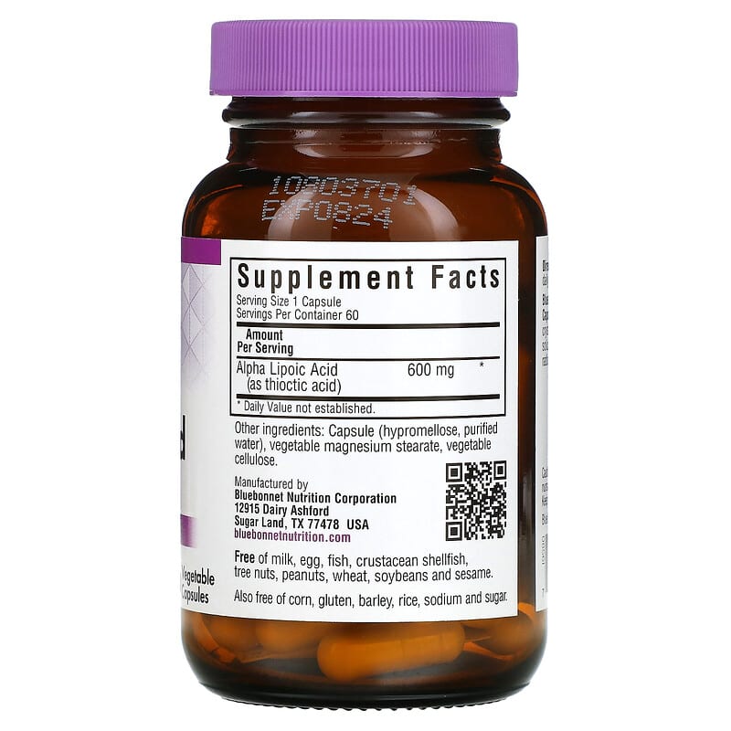 Bluebonnet Nutrition, Alpha Lipoic Acid, 600 mg, 60 Vegetable Capsules 743715008564