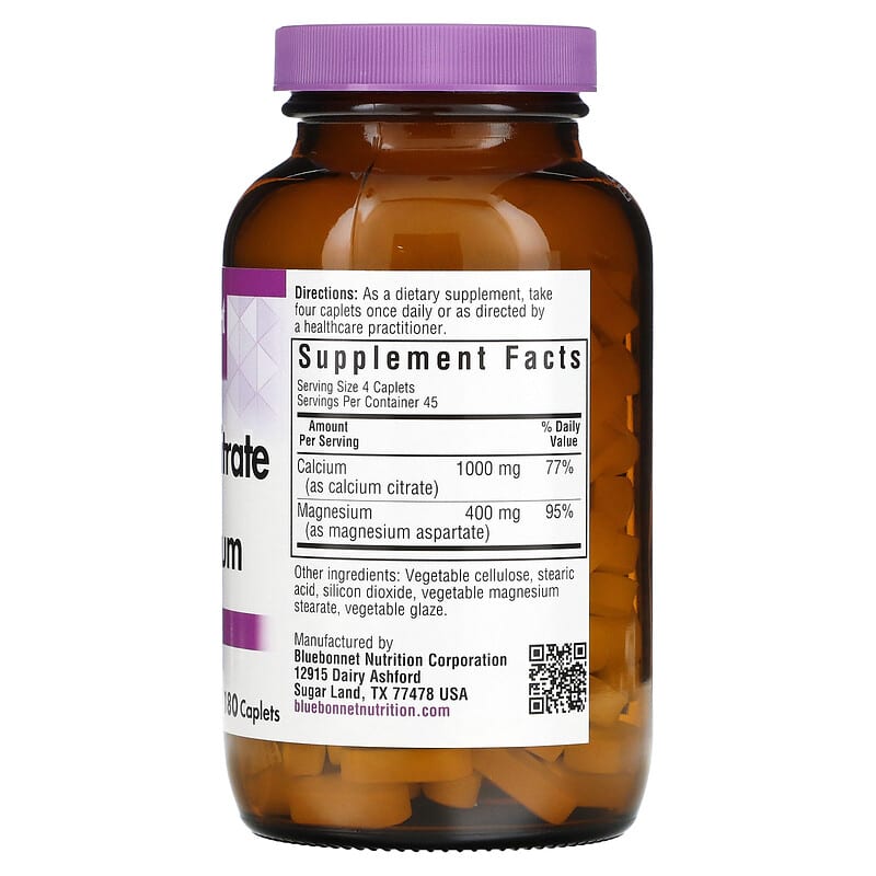 Bluebonnet Nutrition, Calcium Citrate & Magnesium, 180 Caplets 743715007185