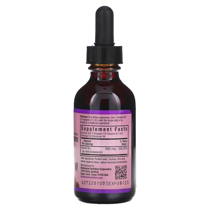 Bluebonnet Nutrition, CellularActive Liquid Methylcobalamin Vitamin B12,  Raspberry, 5,000 mcg, 2 fl oz (59 ml) 743715004443