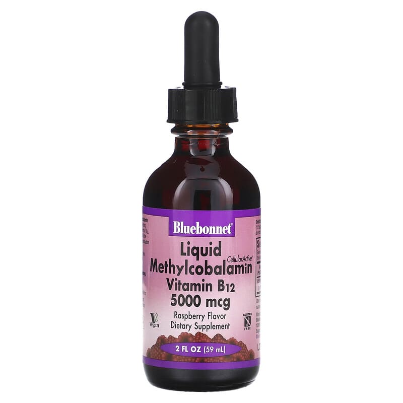 Bluebonnet Nutrition CellularActive Liquid Methylcobalamin Vitamin B12 Raspberry 5,000 mcg 2 fl oz (59 ml) 743715004443