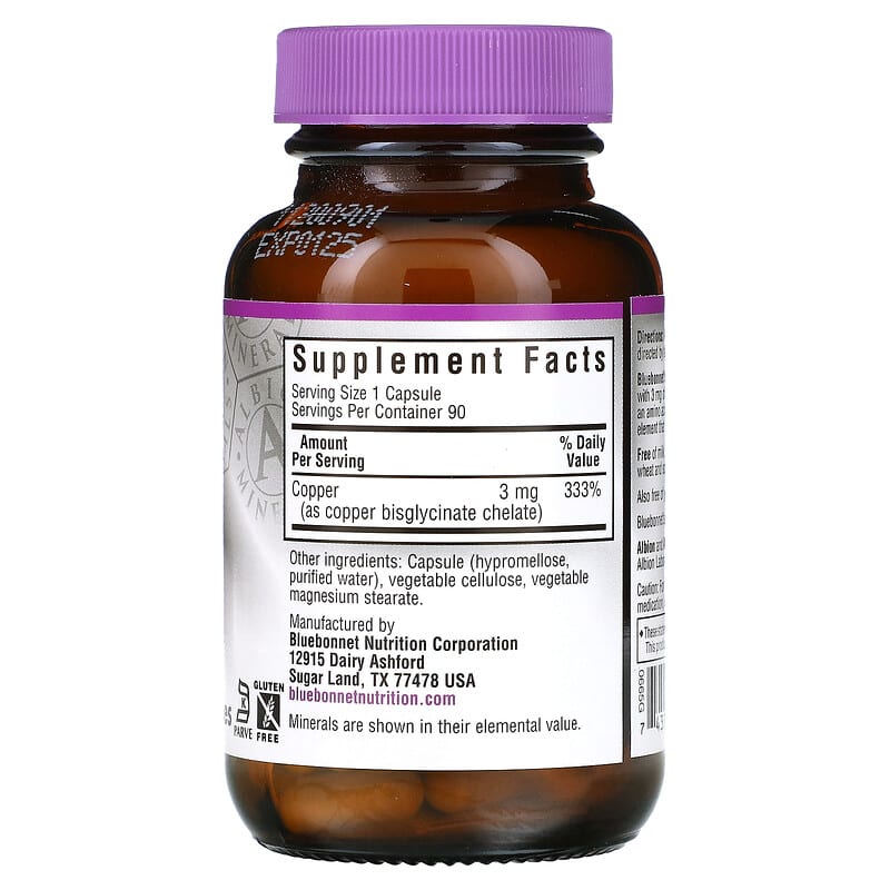 Bluebonnet Nutrition, Chelated Copper, 90 Vegetable Capsules 743715006652