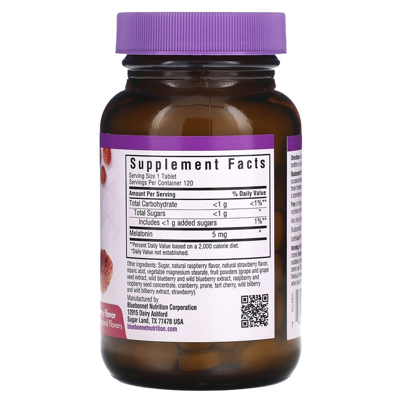 Bluebonnet Nutrition, Earth Sweet Chewables, Melatonin, Raspberry, 5 mg, 120 Chewable Tablets 743715009974