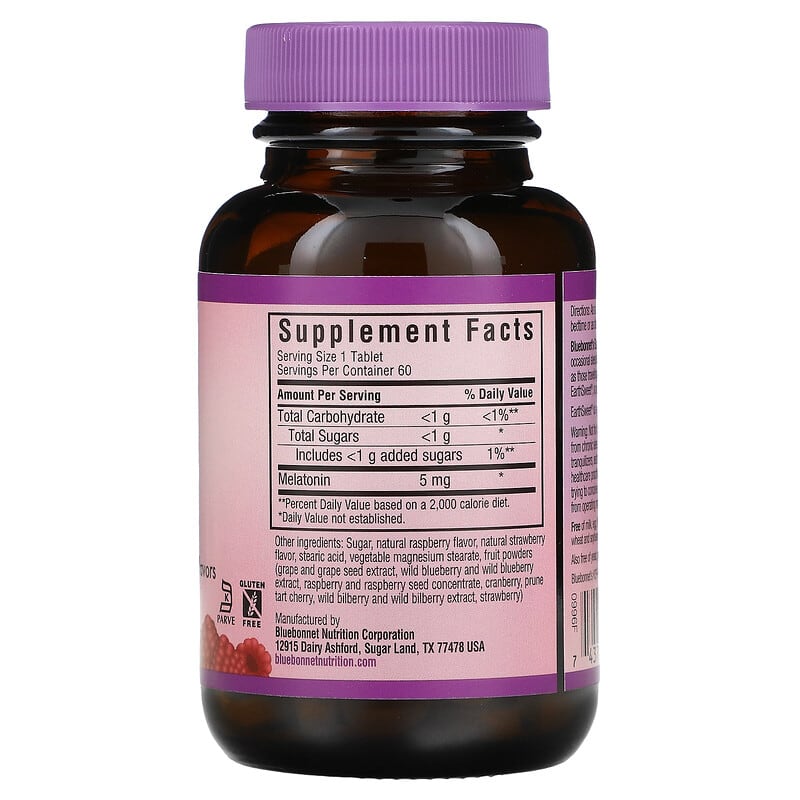 Bluebonnet Nutrition, Earth Sweet Chewables, Melatonin, Raspberry, 5 mg, 60 Chewable Tablets 743715009967