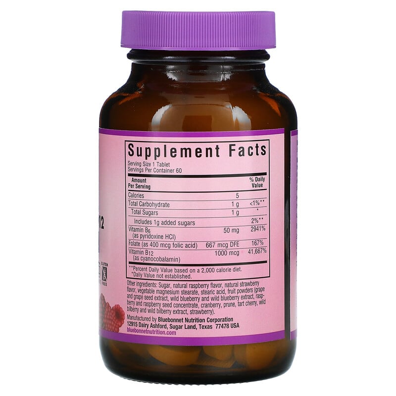 Bluebonnet Nutrition, Earth Sweet Chewables, Vitamin B6, B12 & Folic Acid, Raspberry, 60 Chewable Tablets 743715004450