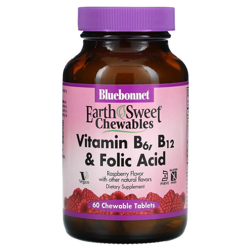 Bluebonnet Nutrition Earth Sweet Chewables Vitamin B6 B12 & Folic Acid Raspberry 60 Chewable Tablets 743715004450