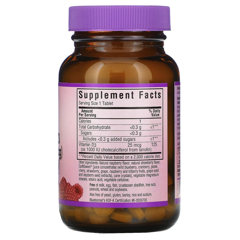 Bluebonnet Nutrition, Earth Sweet Chewables, Vitamin D3, Raspberry, 1,000 IU (25 mcg), 90 Chewable Tablets 743715003620