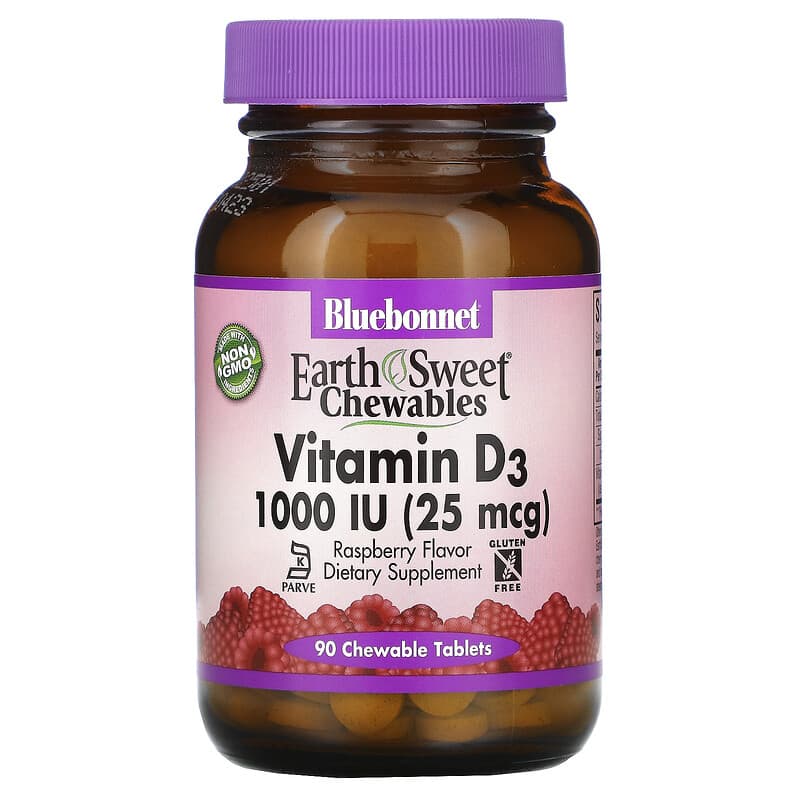 Bluebonnet Nutrition Earth Sweet Chewables Vitamin D3 Raspberry 1,000 IU (25 mcg) 90 Chewable Tablets 743715003620