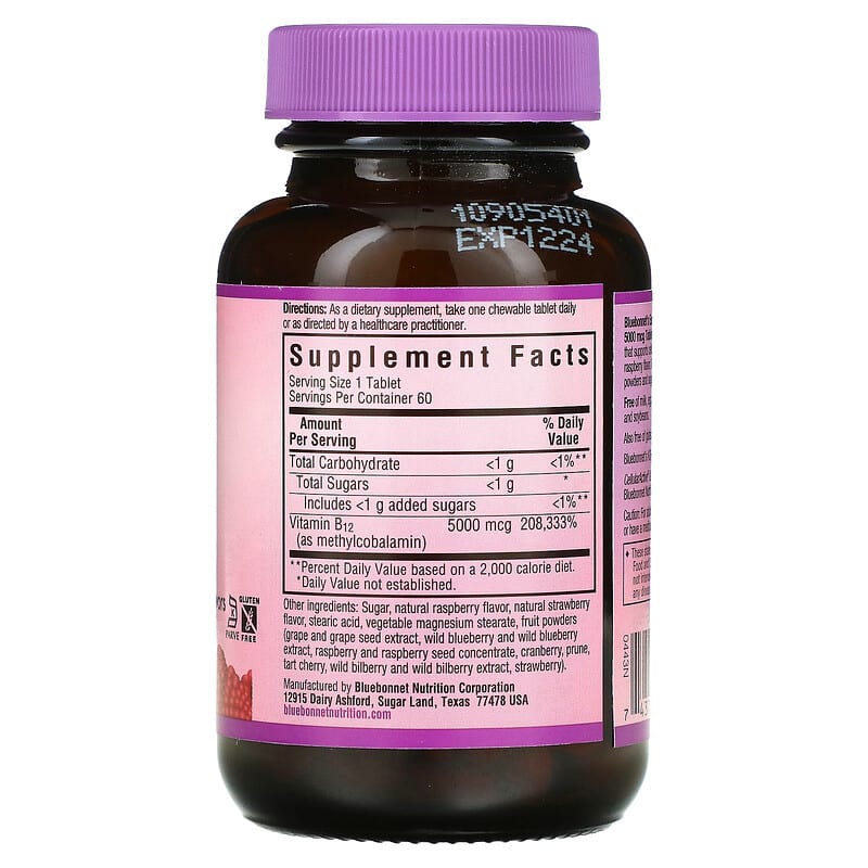 Bluebonnet Nutrition, EarthSweet Chewables, CellularActive Methylcobalamin, Raspberry , 5,000 mcg, 60 Chewable Tablets 743715004436