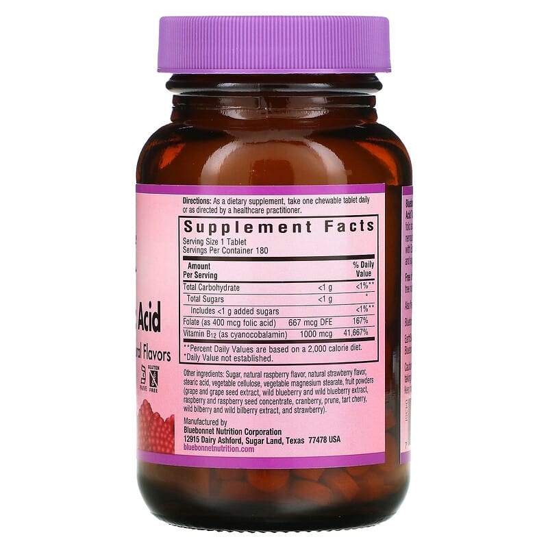 Bluebonnet Nutrition, EarthSweet Chewables, Vitamin B-12 & Folic Acid, Raspberry , 180 Chewable Tablets 743715004351