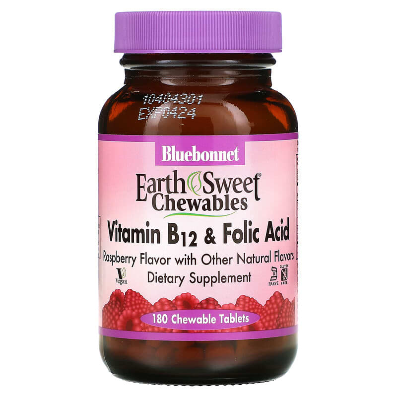 Bluebonnet Nutrition EarthSweet Chewables Vitamin B-12 & Folic Acid Raspberry  180 Chewable Tablets 743715004351
