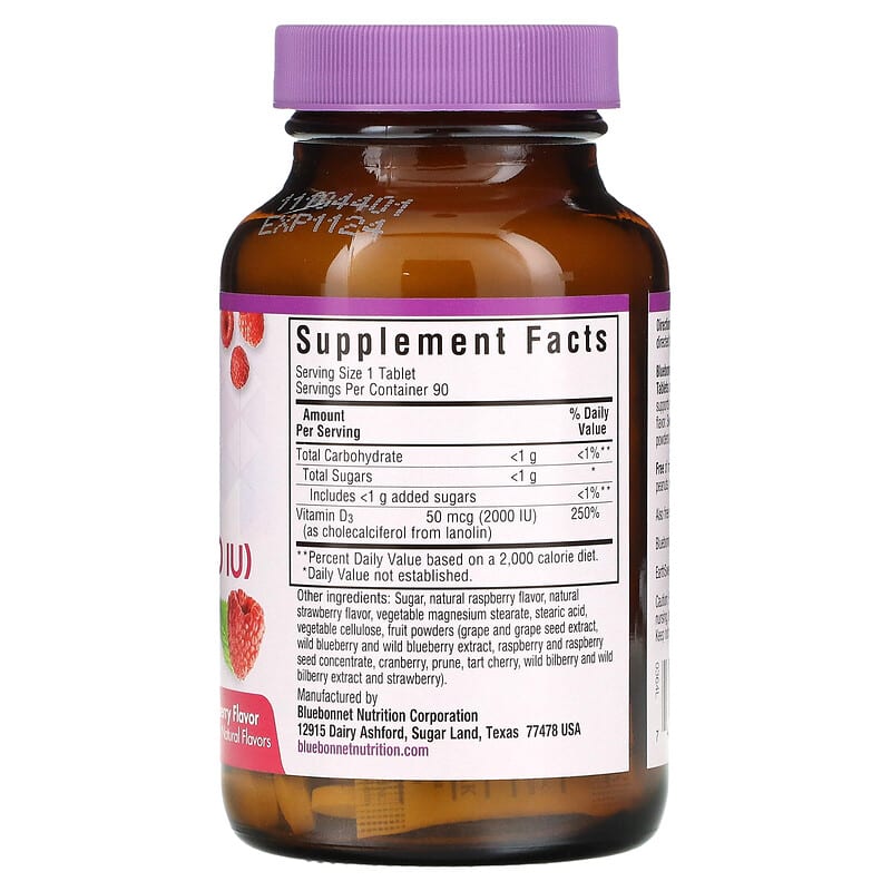 Bluebonnet Nutrition, EarthSweet Chewables, Vitamin D3,  Raspberry, 2,000 IU, 90 Chewable Tablets 743715003644